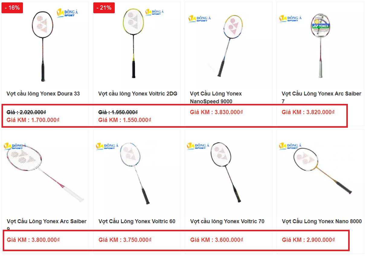 Giá bán của vợt đánh Yonex
