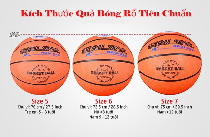 Kích thước tiêu chuẩn theo size của banh bóng rổ